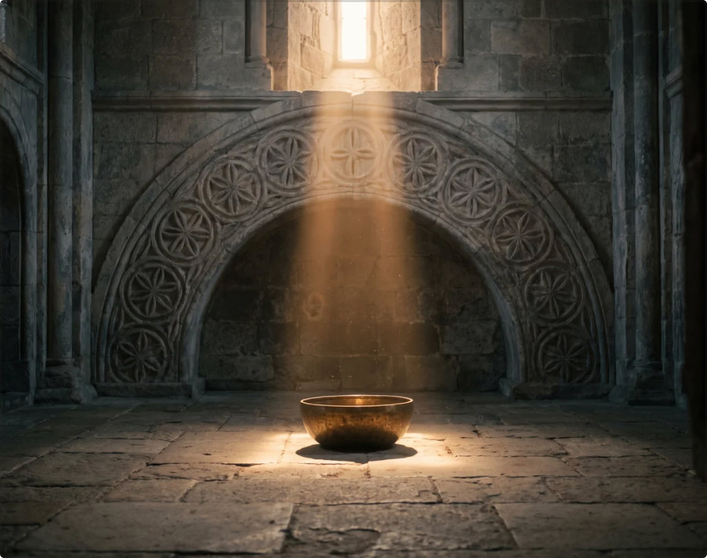 Singing bowl, cathedral light and sacred pattern in old architecture